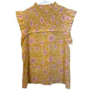 THML Women’s Yellow Pink Floral Smocked Ruffle Sleeve Top Size Small NWT